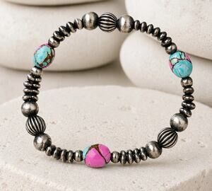 Sterling Silver Turquoise Navajo Pearl Style Bracelet Cotton Candy Southwest XS